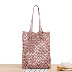 Hand-Woven Leather Bag with Rope Net Pocket for Travel and Beach
