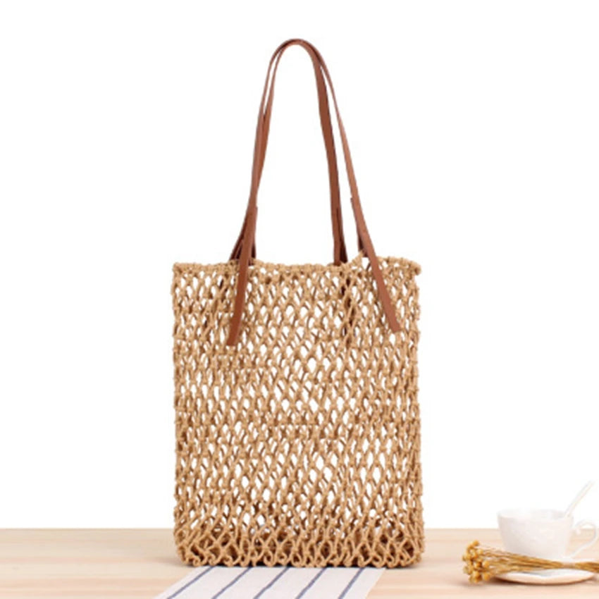 Hand-Woven Leather Bag with Rope Net Pocket for Travel and Beach