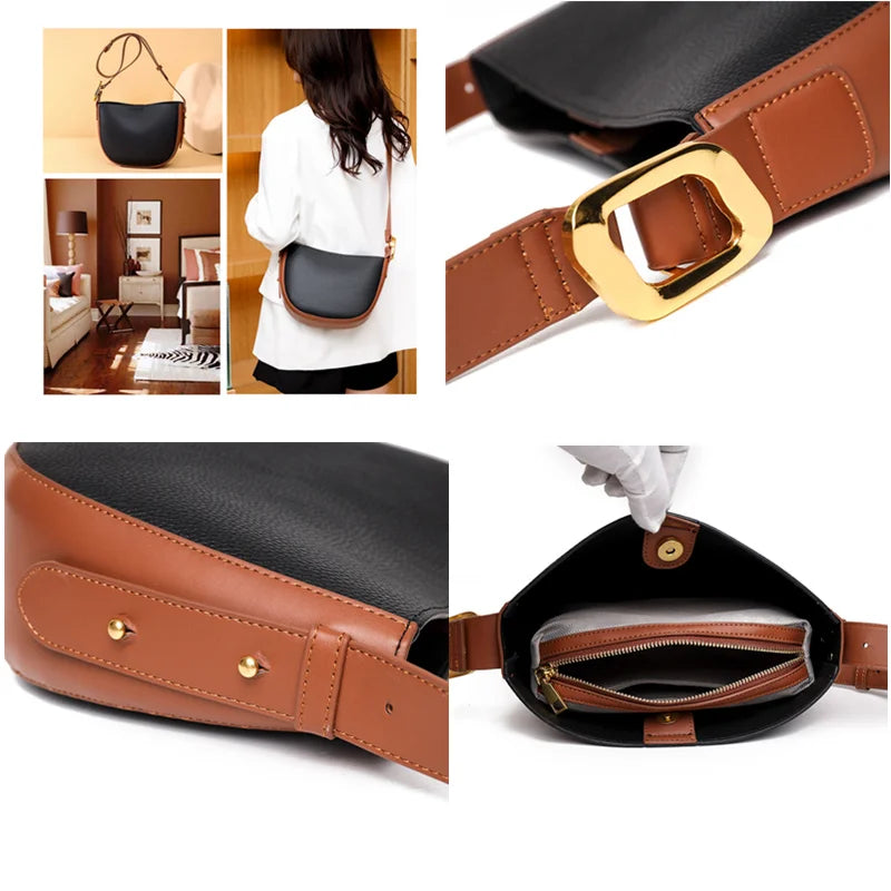 Soft Cow Leather Bucket Handbag Women Shoulder Crossbody Bag