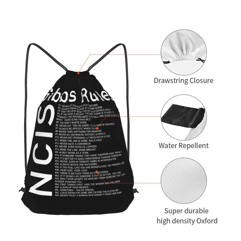 Ncis Gibbs Rules Drawstring Backpack Bookbag Beach Bag
