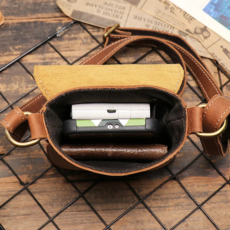 Vintage Brown Cowhide Leather Mini Messenger Bag