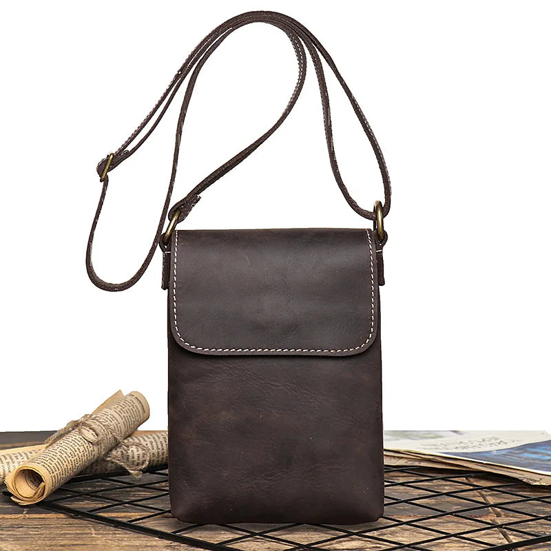 Vintage Brown Cowhide Leather Mini Messenger Bag