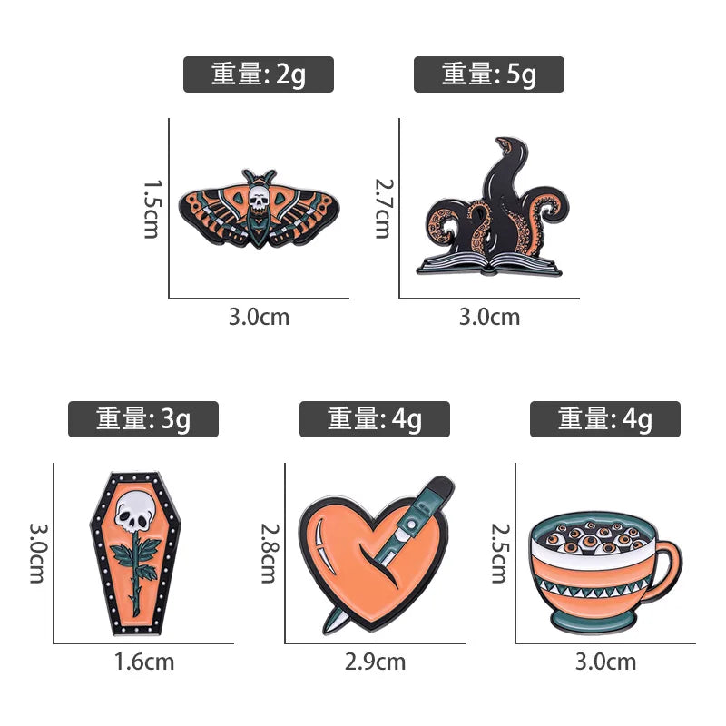 Halloween Enamel Pins Octopus Book Coffin Tea Brooches Bag Lapel Badges