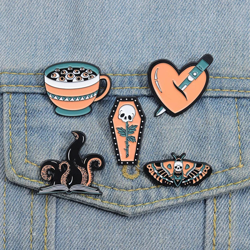 Halloween Enamel Pins Octopus Book Coffin Tea Brooches Bag Lapel Badges