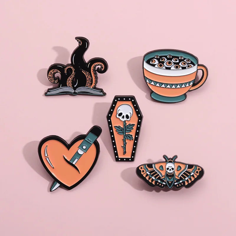 Halloween Enamel Pins Octopus Book Coffin Tea Brooches Bag Lapel Badges