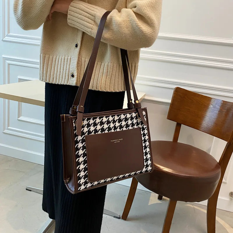 Winter Vintage Shoulder Bag Women Tote Plaid Pacthwork High Handbags
