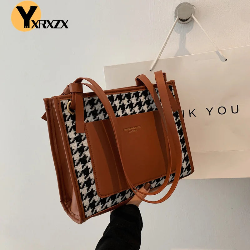 Winter Vintage Shoulder Bag Women Tote Plaid Pacthwork High Handbags
