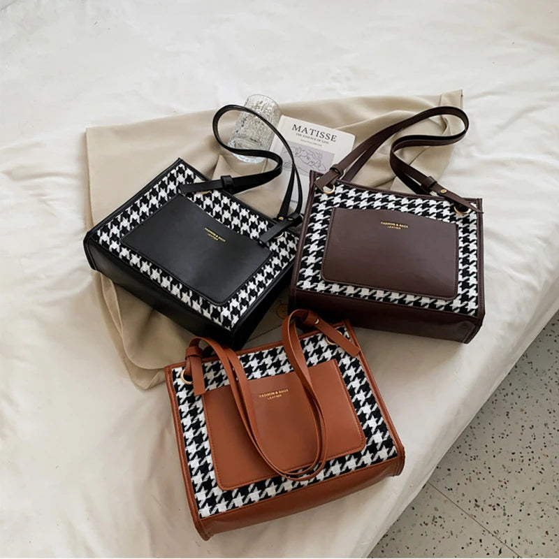 Winter Vintage Shoulder Bag Women Tote Plaid Pacthwork High Handbags