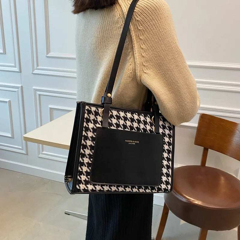Winter Vintage Shoulder Bag Women Tote Plaid Pacthwork High Handbags