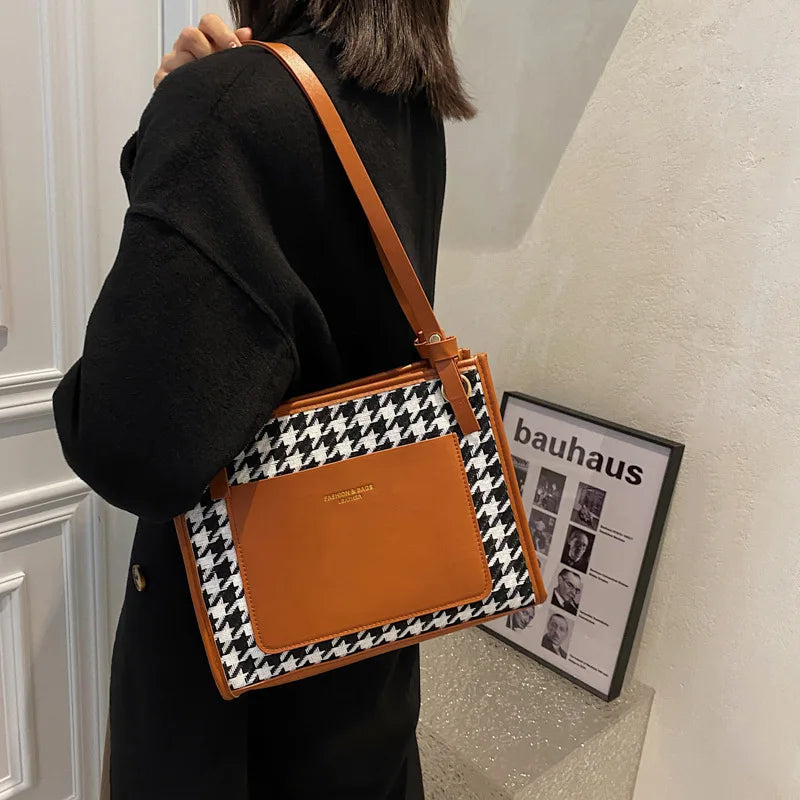 Winter Vintage Shoulder Bag Women Tote Plaid Pacthwork High Handbags