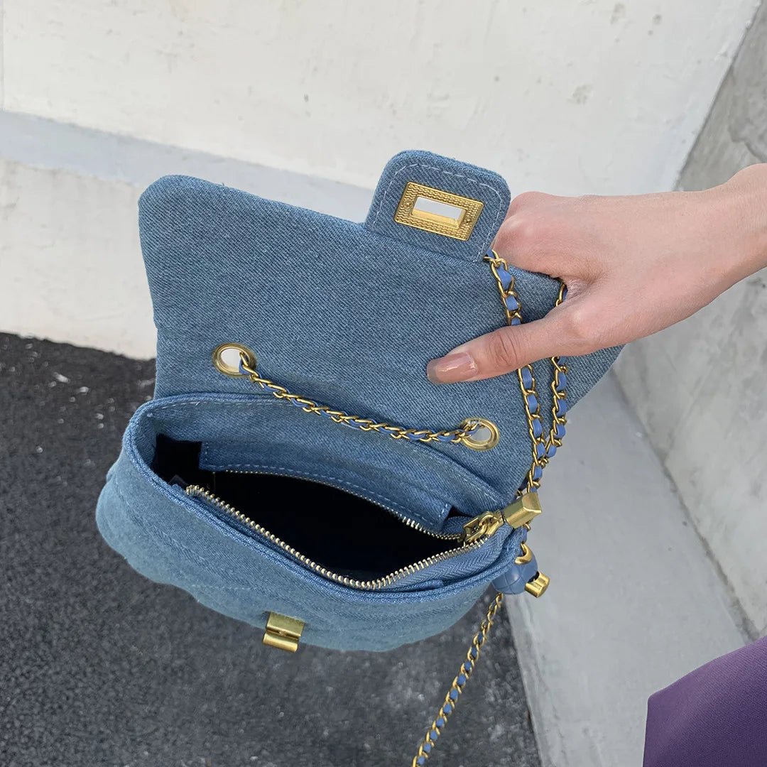 Summer Denim Mini Crossbody Bag Women Casual Lingge Chain Jeans Shoulder Bag