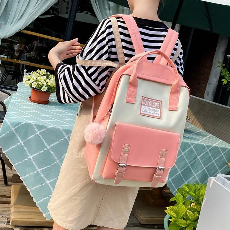 5Pcs Canvas Backpacks School Bags for Teenage Girls Bookbags Students
