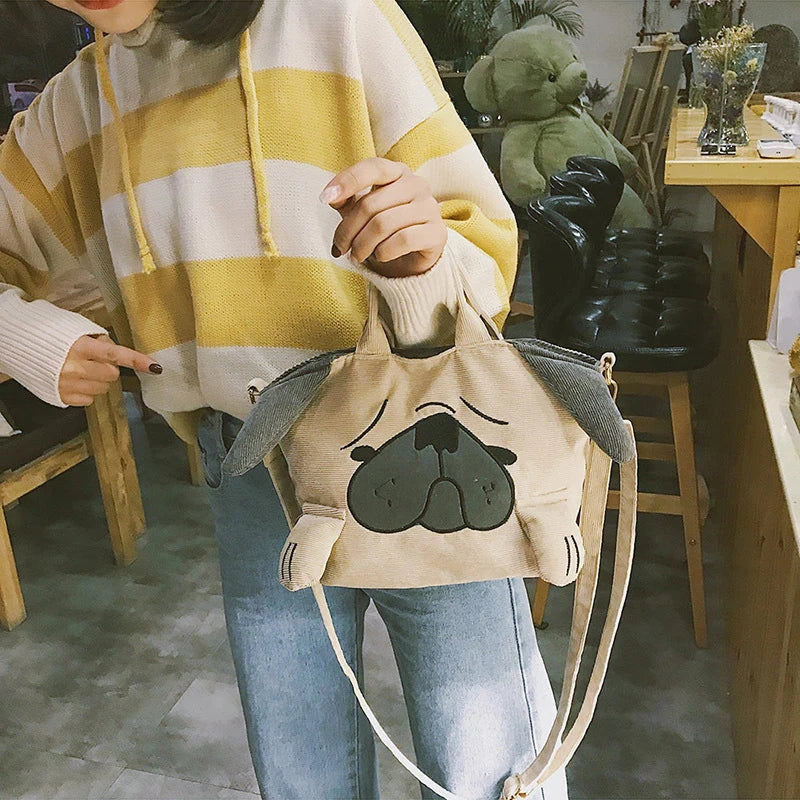 Pug Dog Corduroy Messenger Bag - Casual Travel Totes Shoulder Bags