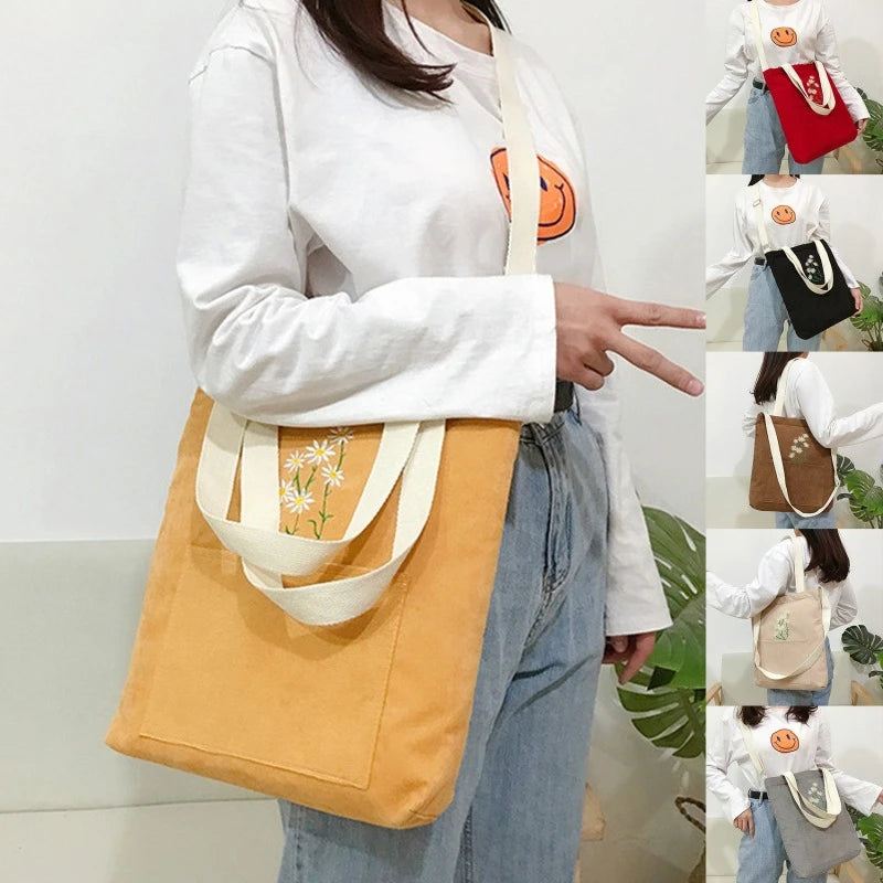 Corduroy Daisy Shoulder Bag Solid Square Pocket