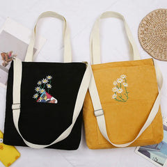 Corduroy Daisy Shoulder Bag Solid Square Pocket