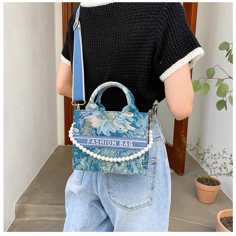 Arrival Square Shoulder Bag Women Flower Handbags Plaid Tote
