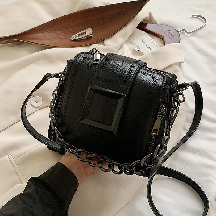 Vintage Bucket Bag PU Leather Handbag Women's Chains Hasp Small Bag