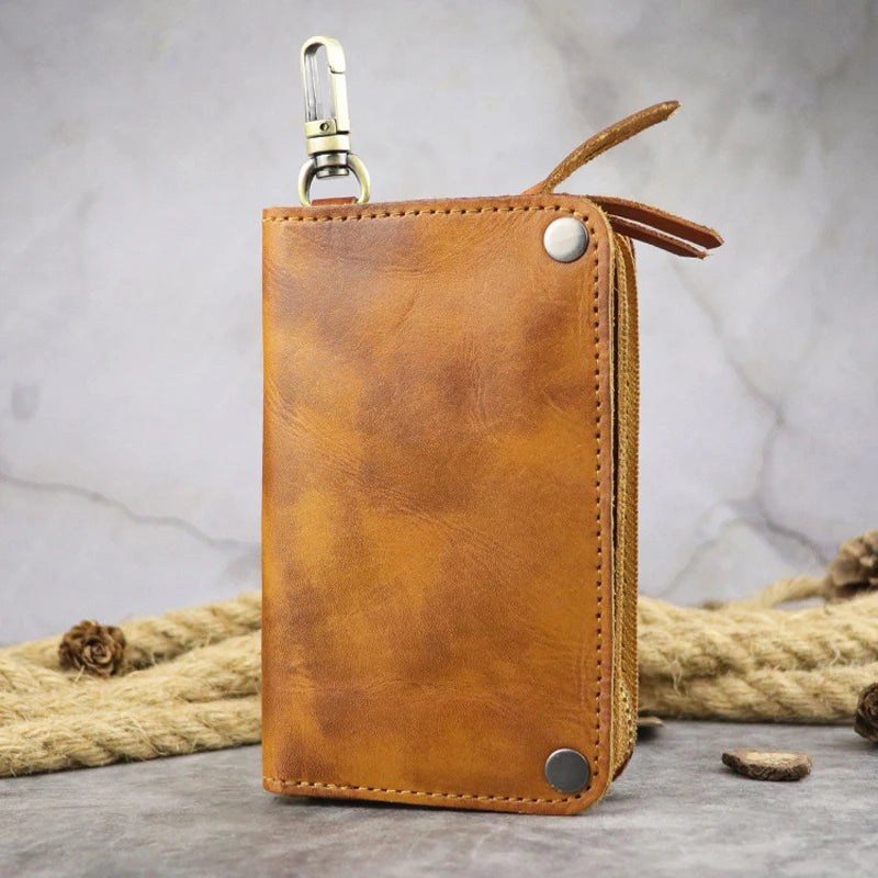 Vintage Men Leather Key Bag Holder Zipper Storage Pack