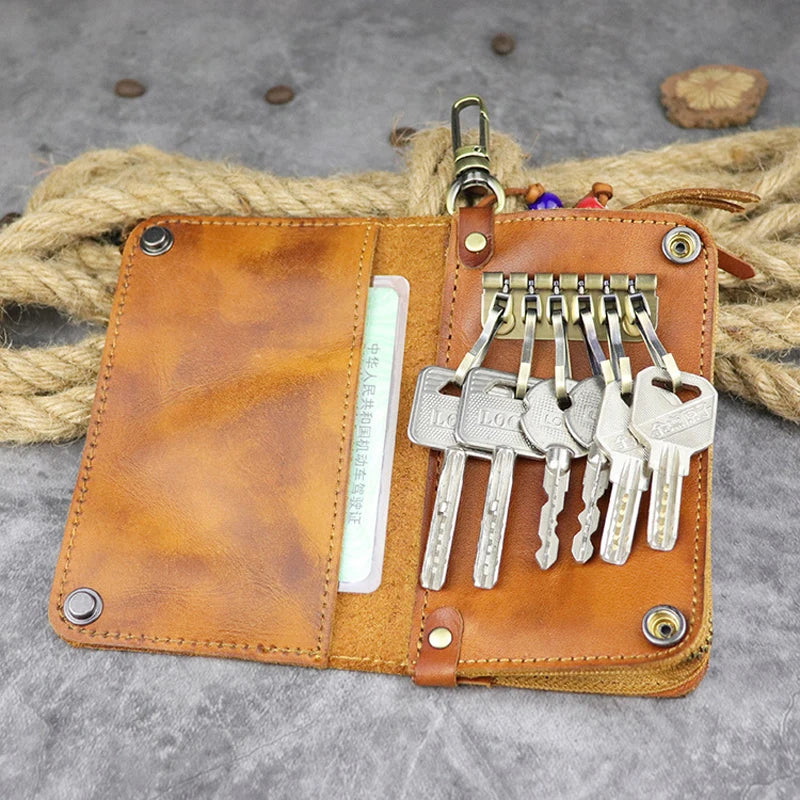 Vintage Men Leather Key Bag Holder Zipper Storage Pack