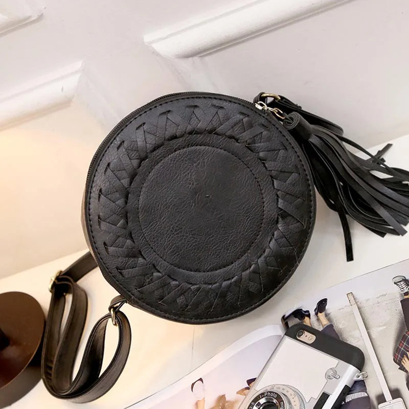 Arrival Women Bag PU Leather Shoulder Bag Tassel Round Vintage Beach Bag