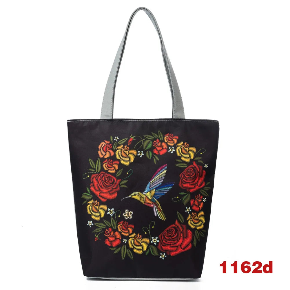 Women Canvas Shoulder Bag Flower Birds Travel Beach Crossbody Bag