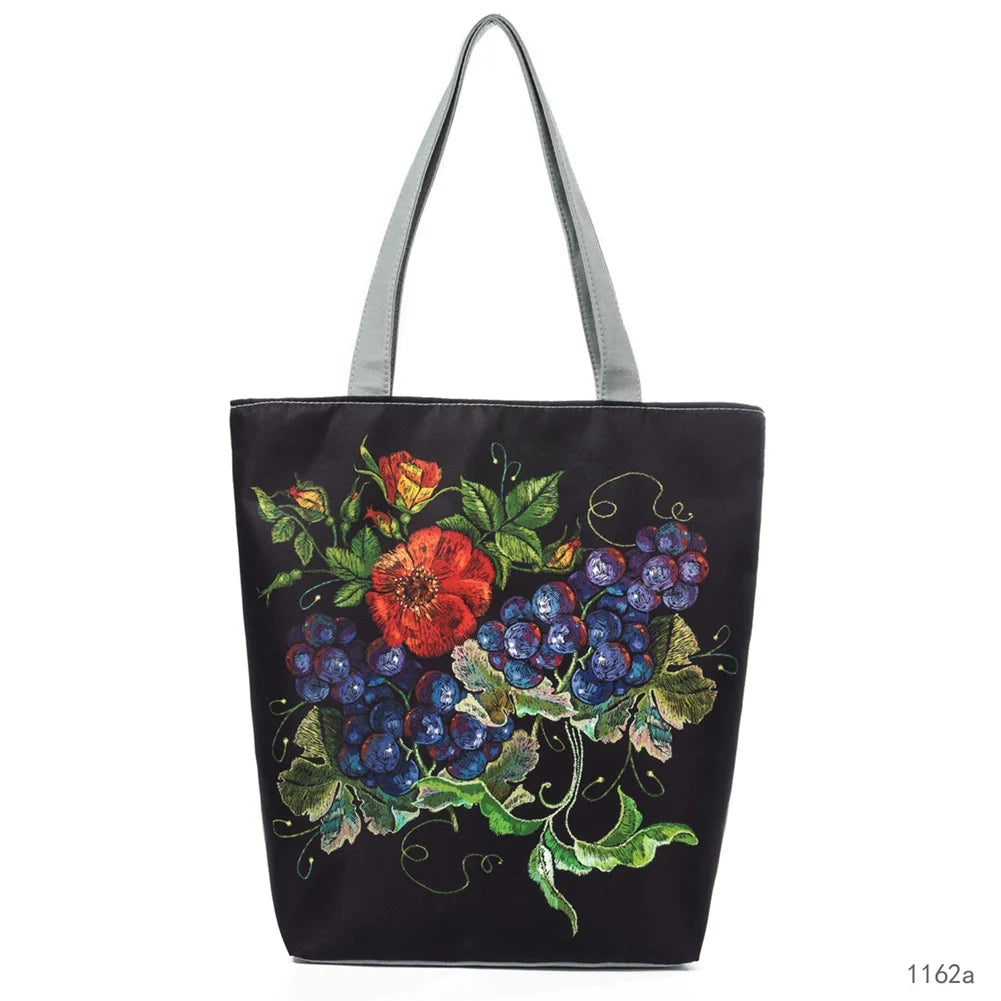 Women Canvas Shoulder Bag Flower Birds Travel Beach Crossbody Bag