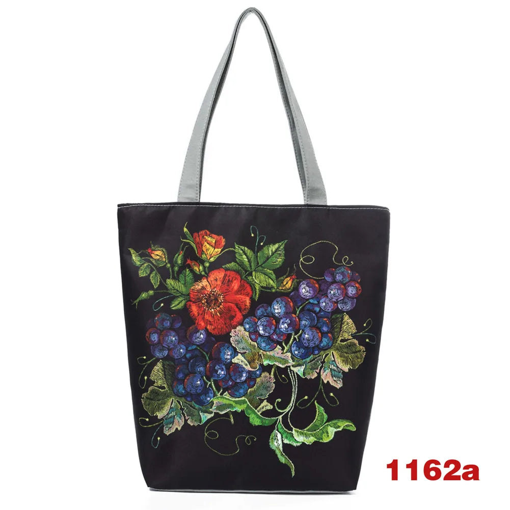 Women Canvas Shoulder Bag Flower Birds Travel Beach Crossbody Bag