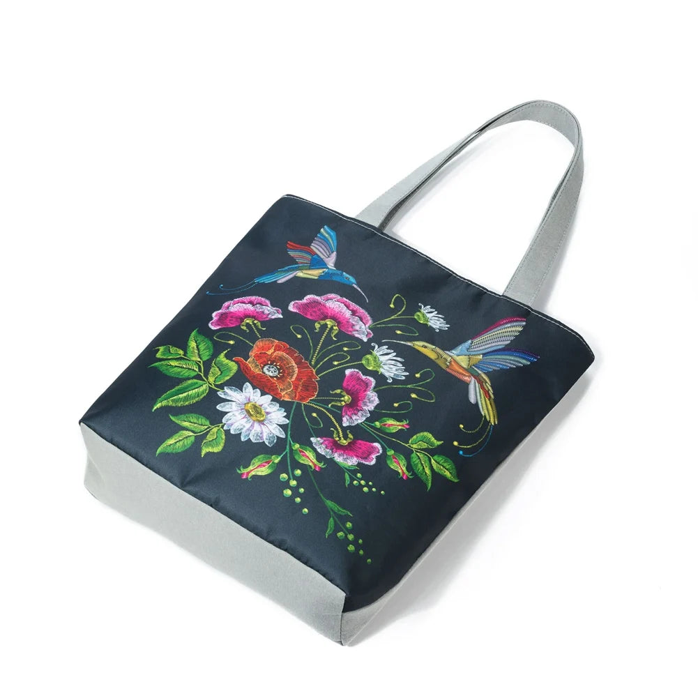 Women Canvas Shoulder Bag Flower Birds Travel Beach Crossbody Bag