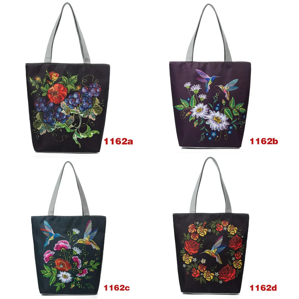 Women Canvas Shoulder Bag Flower Birds Travel Beach Crossbody Bag