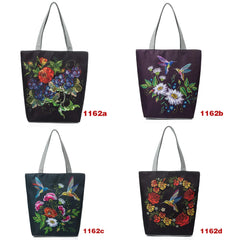 Women Canvas Shoulder Bag Flower Birds Travel Beach Crossbody Bag