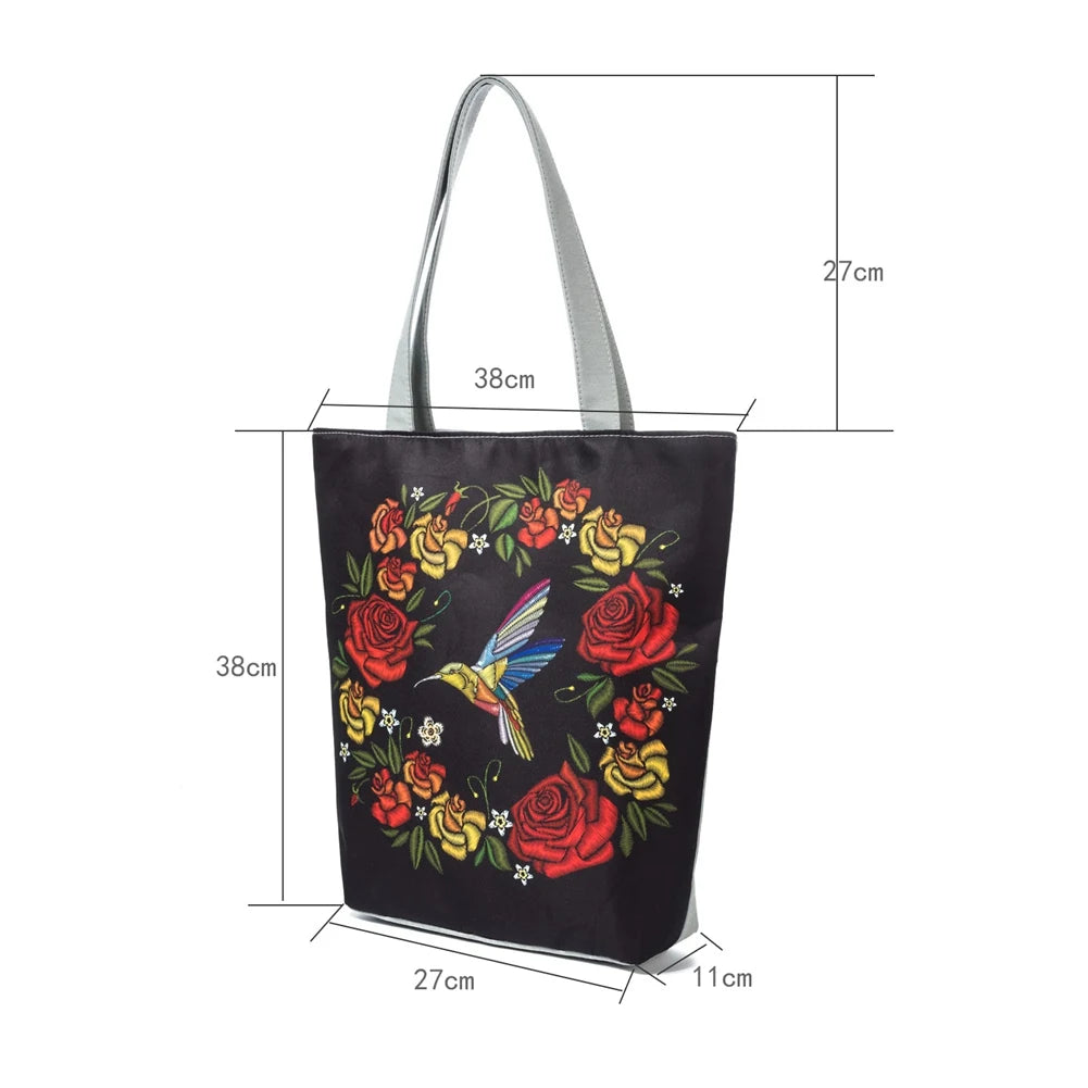 Women Canvas Shoulder Bag Flower Birds Travel Beach Crossbody Bag