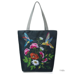 Women Canvas Shoulder Bag Flower Birds Travel Beach Crossbody Bag