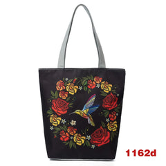 Women Canvas Shoulder Bag Flower Birds Travel Beach Crossbody Bag