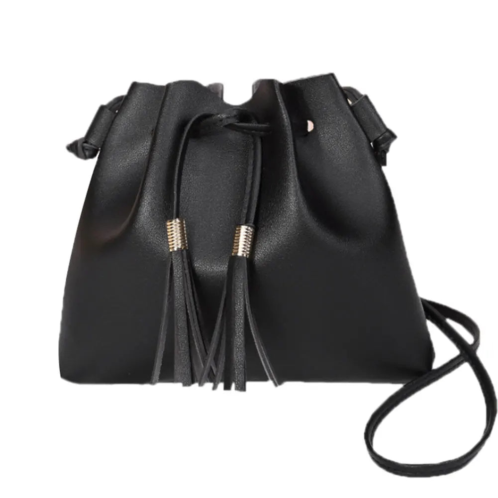 Women Messenger Bag PU Leather Handbag Solid Tassel Bucket Shoulder Bag