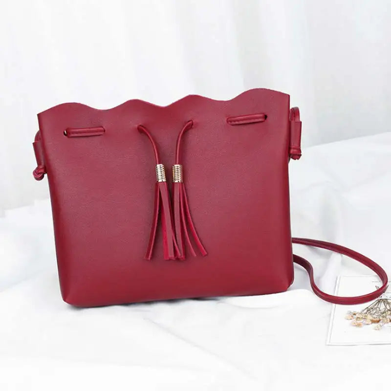Women Messenger Bag PU Leather Handbag Solid Tassel Bucket Shoulder Bag