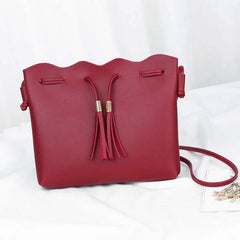 Women Messenger Bag PU Leather Handbag Solid Tassel Bucket Shoulder Bag