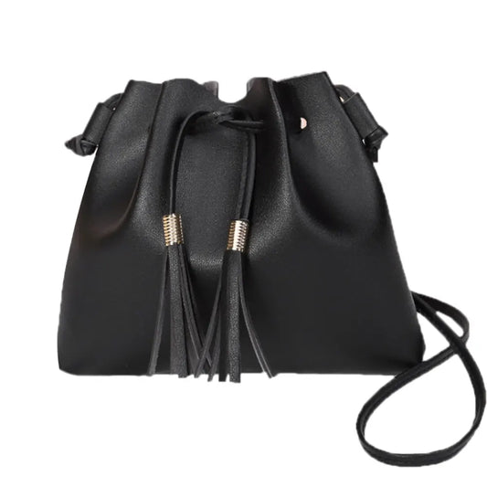 Women Messenger Bag PU Leather Handbag Solid Tassel Bucket Shoulder Bag