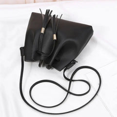 Women Messenger Bag PU Leather Handbag Solid Tassel Bucket Shoulder Bag