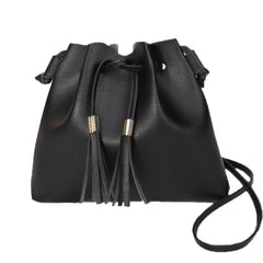 Women Messenger Bag PU Leather Handbag Solid Tassel Bucket Shoulder Bag