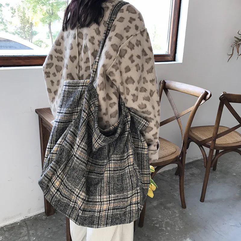 Arrive Women Woolen Canvas Bags Scottish Pattern Vintage Plaid Female Tote Handb