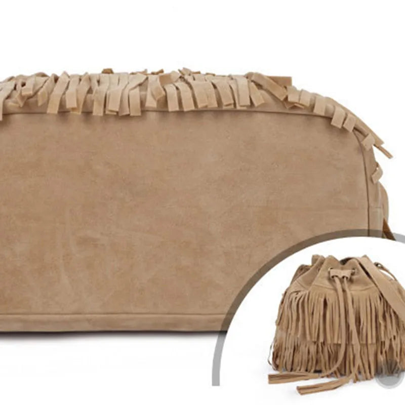 Ausuky Vintage Fringe Tassel Shoulder Bag Women Faux Drawstring Bucket Bag