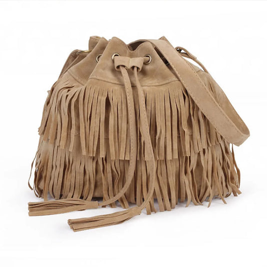 Ausuky Vintage Fringe Tassel Shoulder Bag Women Faux Drawstring Bucket Bag
