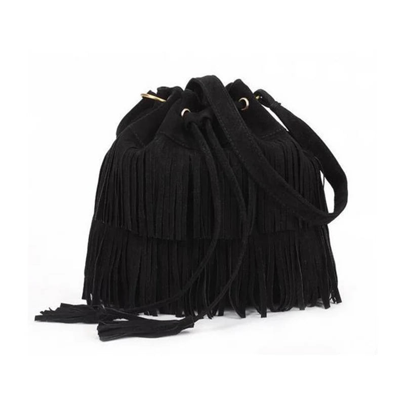 Ausuky Vintage Fringe Tassel Shoulder Bag Women Faux Drawstring Bucket Bag