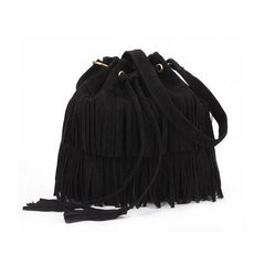Ausuky Vintage Fringe Tassel Shoulder Bag Women Faux Drawstring Bucket Bag
