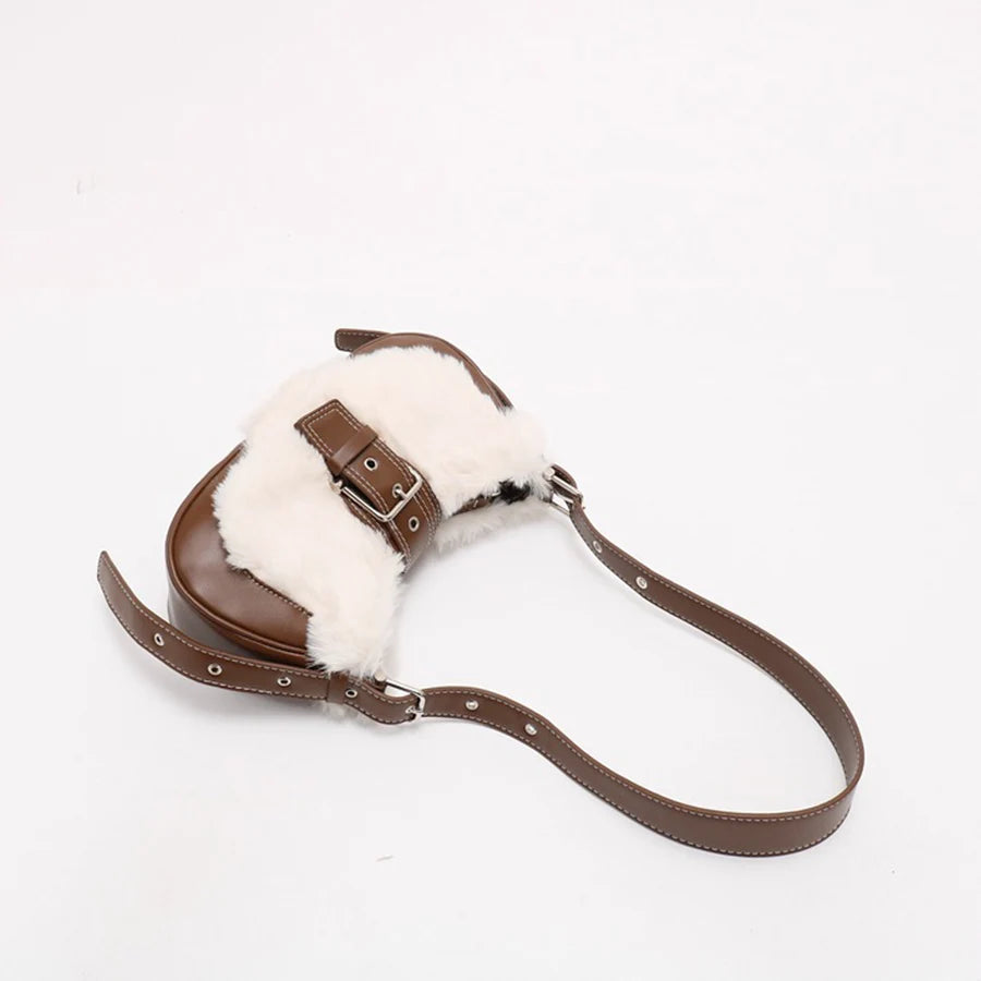 Plush & PU Leather Shoulder Bag Sweet Clutch Tote