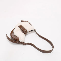 Plush & PU Leather Shoulder Bag Sweet Clutch Tote