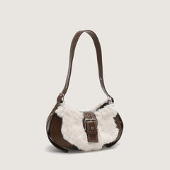 Plush & PU Leather Shoulder Bag Sweet Clutch Tote