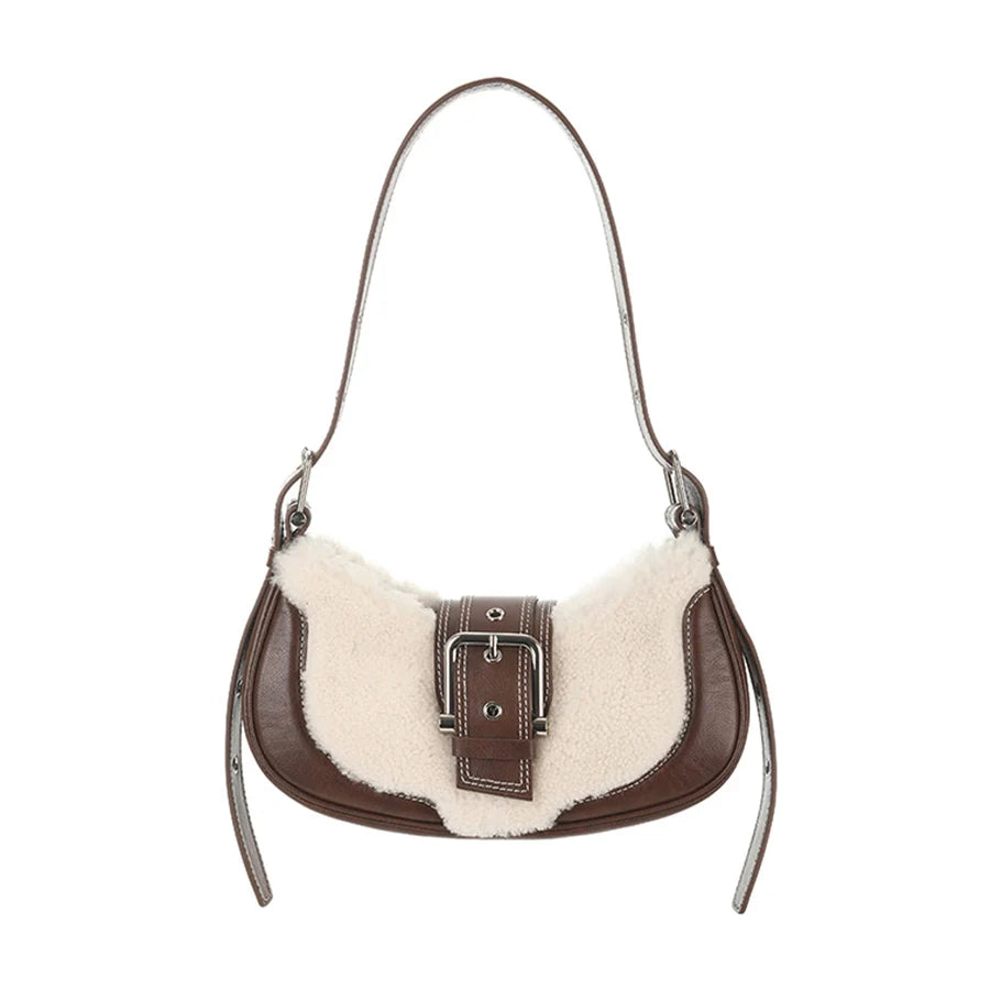 Plush & PU Leather Shoulder Bag Sweet Clutch Tote