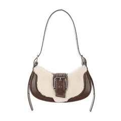 Plush & PU Leather Shoulder Bag Sweet Clutch Tote