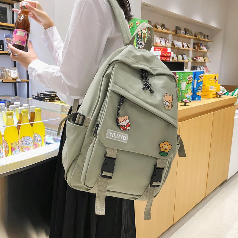 Panda Badges Backpack Women School Bag Teenage Shoulder Bag